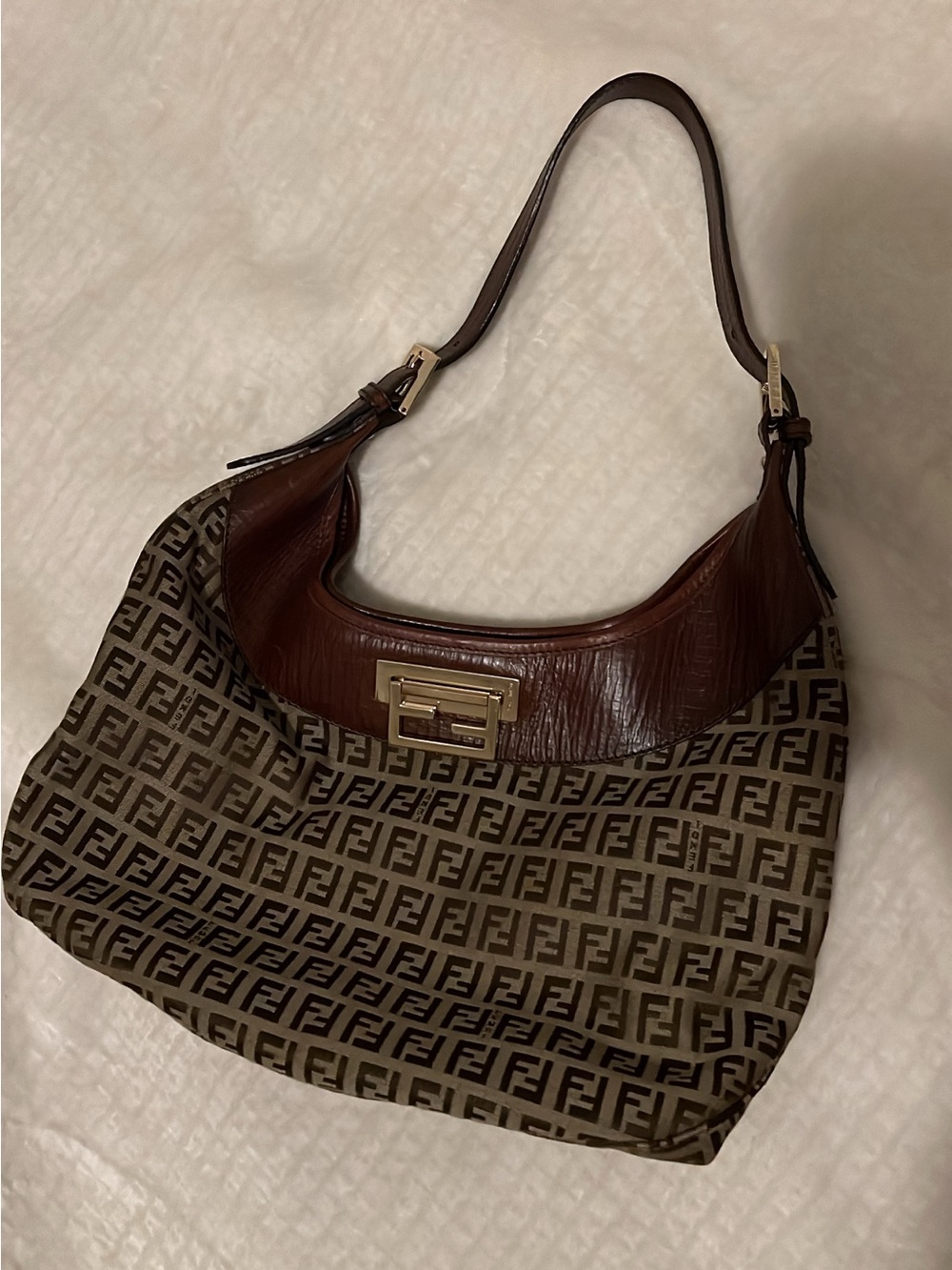 Fendi Brown Zucca FF Canvas and Dark Brown Leather Hobo